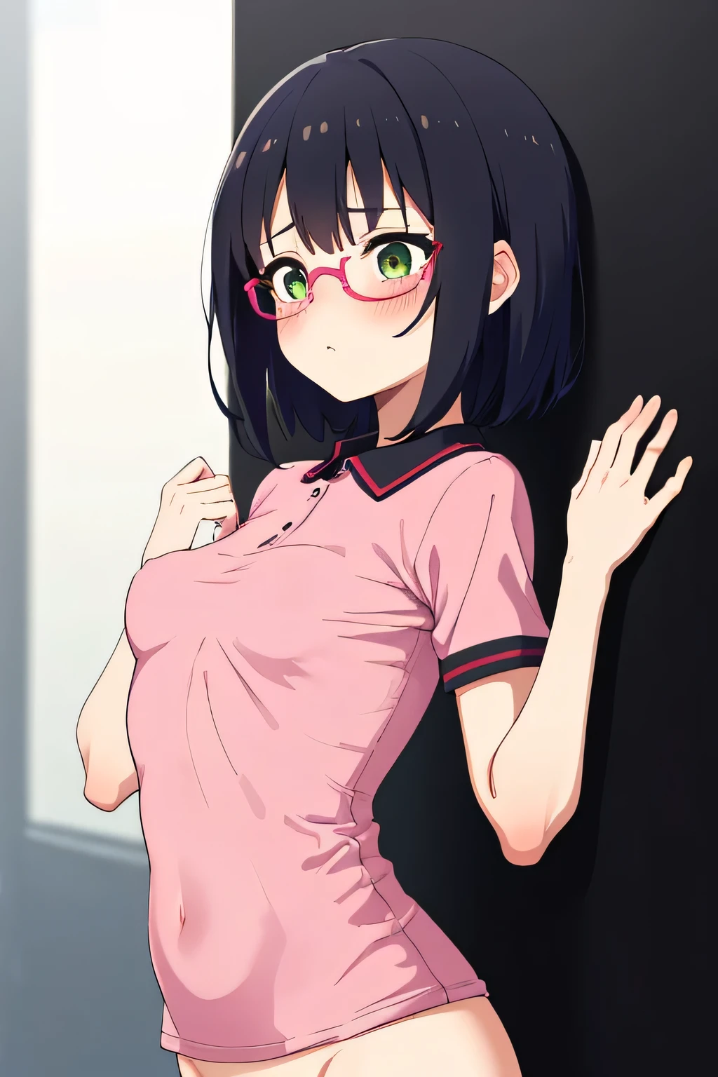 In town,Small breasts that can be rolled up,Black Hair,short hair,Green Eye Glasses,(Shocking pink plain polo shirt, Short sleeve, naked), (High resolution, high quality:1.1), Intricate details,  1 girl,(blush,Embarrassing)Lots of people around, thin pubic hair, whole body