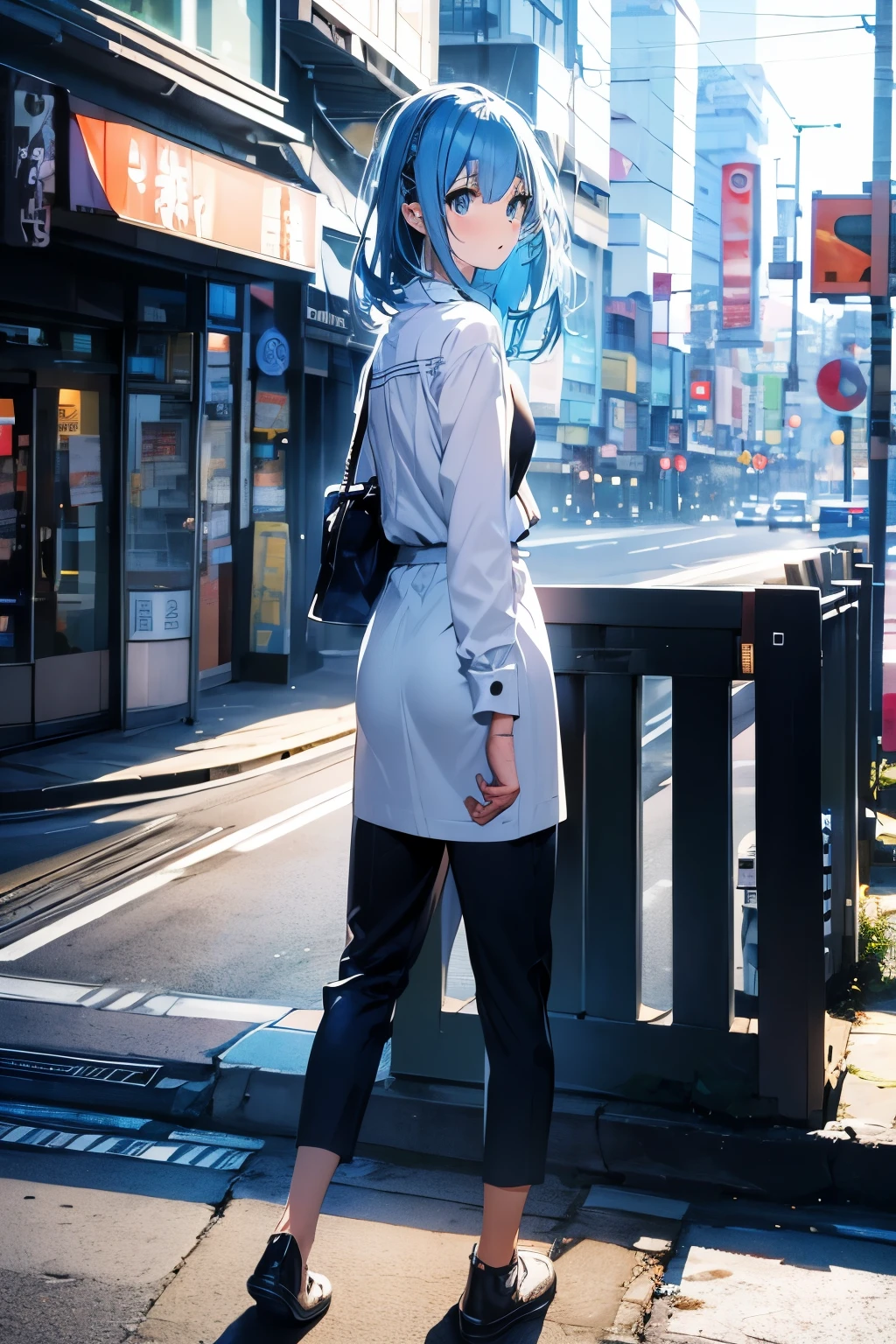 The background is Shibuya,Isometric image of a slender girl with blue hair and blue eyes, similar to Amano Hina, looking back cunningly during a date,Full-body portrait