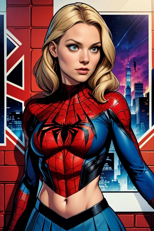 Anna Tove、Marvel Comics Movie Poster, Very beautiful, Movies about Spiderman, sexy, whole body, I'm wearing a skirt、Premiere date, Poster、belly buttonを突き出す、new york、She's wearing a torn Spider-Man suit,The suit is torn、Wearing a skirt、 Red and black color scheme,dynamic、masterpiece、highest quality、Ultra-detailed、Very detailed、A delicate and beautiful shine、超A high resolution、Cinematic,Break,Breakdrop,(Torn clothes:1.5), (Wet clothes:1.4), Bare shoulders,Real Rain,Wet Hair,belly button、Exposing Skin、Showing off her sexy shoulders