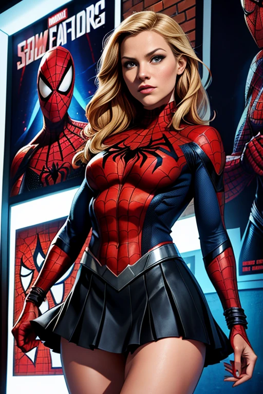 Anna Tove、Marvel Comics Movie Poster, Very beautiful, Movies about Spiderman, sexy, whole body, I'm wearing a skirt、Premiere date, Poster、belly buttonを突き出す、new york、She&#39;s wearing a torn Spider-Man suit,The suit is torn、Wearing a skirt、 Red and black color scheme,dynamic、masterpiece、highest quality、Ultra-detailed、Very detailed、A delicate and beautiful shine、超A high resolution、Cinematic,Break,Breakdrop,(Torn clothes:1.5), (Wet clothes:1.4), Bare shoulders,Real Rain,Wet Hair,belly button、Exposing Skin、Showing off her sexy shoulders