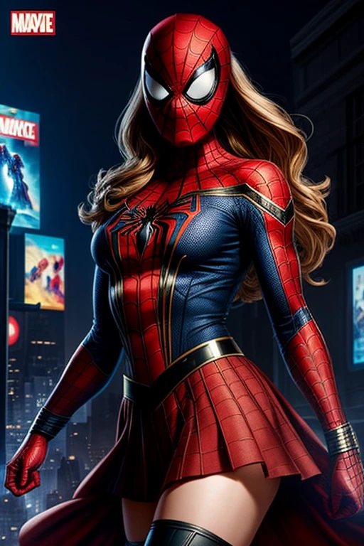 Anna Tove、Marvel Comics Movie Poster, Very beautiful, Movies about Spiderman, sexy, whole body, I'm wearing a skirt、Premiere date, Poster、belly buttonを突き出す、new york、She&#39;s wearing a torn Spider-Man suit,The suit is torn、Wearing a skirt、 Red and black color scheme,dynamic、masterpiece、highest quality、Ultra-detailed、Very detailed、A delicate and beautiful shine、超A high resolution、Cinematic,Break,Breakdrop,(Torn clothes:1.5), (Wet clothes:1.4), Bare shoulders,Real Rain,Wet Hair,belly button、Exposing Skin、Showing off her sexy shoulders