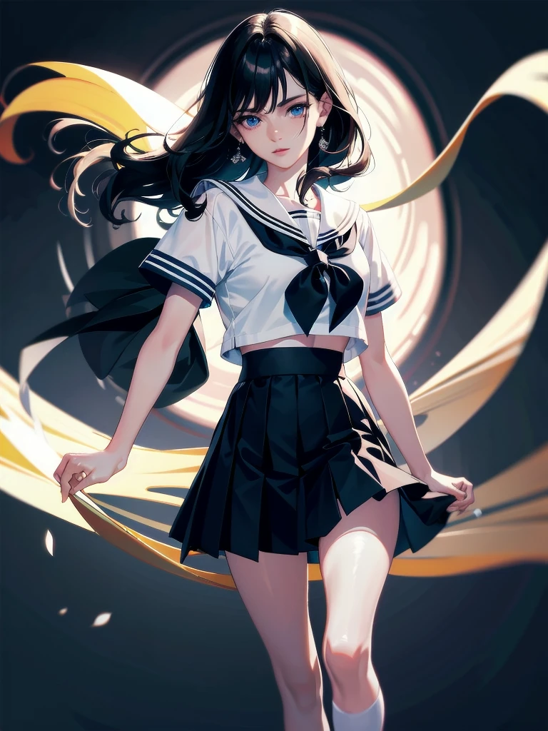 absurdres, RAW photo, extremely delicate and beautiful, masterpiece, Best Quality, ultra high resolution, 32k, hyperrealistic, ultra-detailed, detailed description, pale skin, 20 years old, delicate facial features, detailed beautiful face and eyes, tearful mole, earring, Colossal tits, short medium hair, wavy hair, (full body shot), sailor uniform, school_uniform,