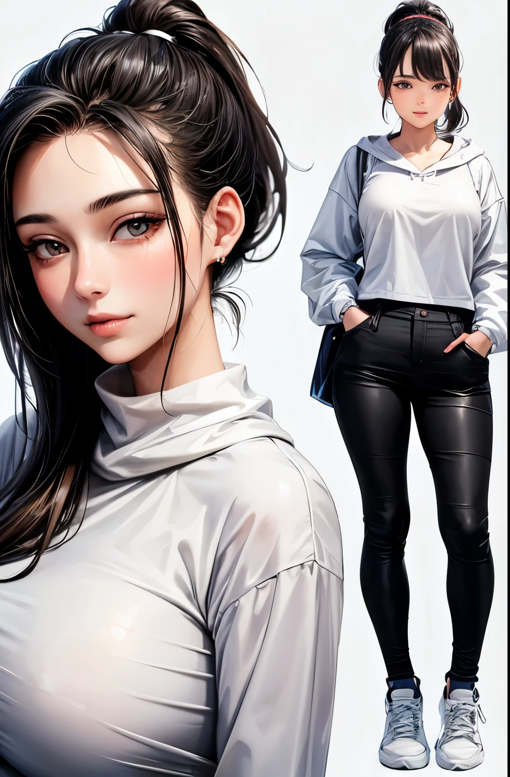 ((best quality)), ((masterpiece)), (detailed), perfect face,(18 years old),(beautiful girl), ponytail,(blackes Braun hair), cute smile (looking at vivers) on a streat road,( full body view),(detailed lips), perfect head ,(detailed face), wers a white hoodi black Stiles short pant that reaches nee, heads in hoodi pocket,(huge breasts),(perfect girl), Korean girl