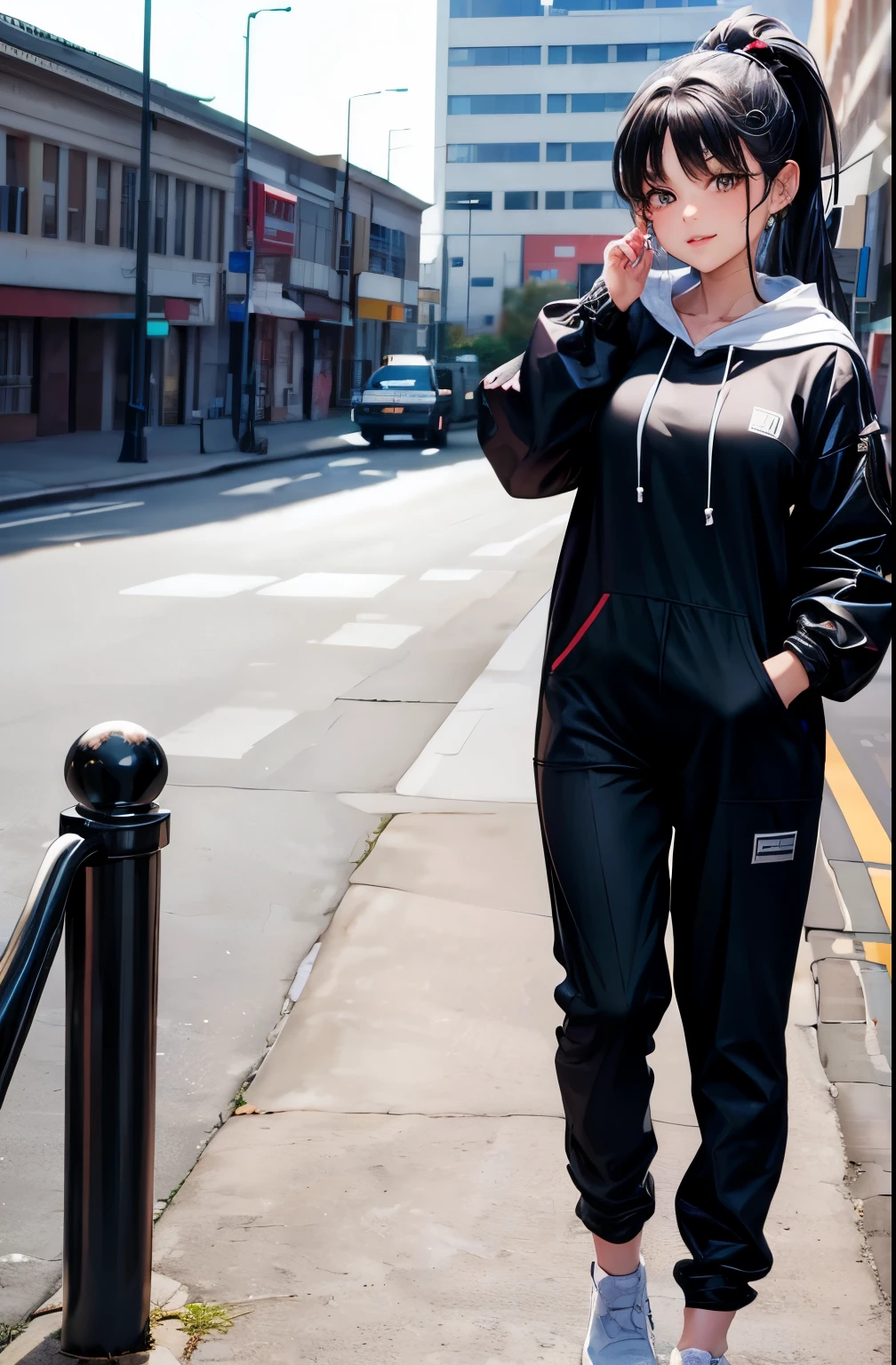 ((best quality)), ((masterpiece)), (detailed), perfect face,(18 years old),(beautiful girl), ponytail,(blackes Braun hair), cute smile (looking at vivers) on a streat road,( full body view),(detailed lips), perfect head ,(detailed face), wers a white hoodi black Stiles short pant that reaches nee, heads in hoodi pocket,(huge breasts),(perfect girl), Korean girl