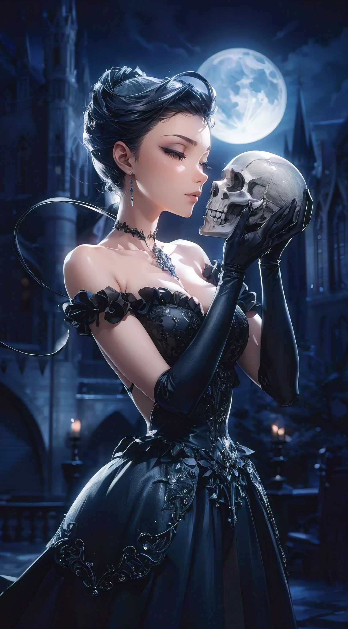 A stunningly realistic and artistic masterpiece of a gothic princess, with an alluring and seductive appearance. She has an impeccable slim fit body, accentuated by her busty frame. The princess wears a dark, elegant gown adorned with intricate Gothic designs and holds a skull in her hands, gently kissing its forehead. The background is a hauntingly beautiful Gothic castle, illuminated by a full moon. This illustration is rendered in 3D, creating a captivating dark fantasy atmosphere., dark fantasy, 3d render, anime, illustration
