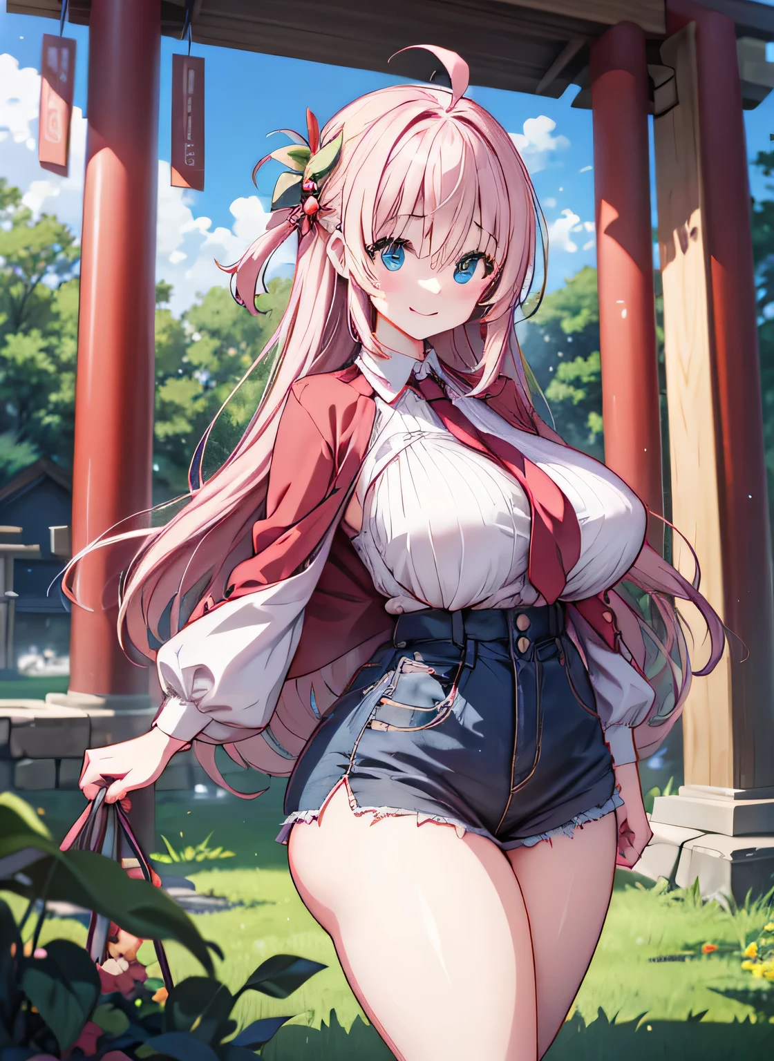 Anime illustration、highest quality、Plump 、Perfect proportions、Abandoned Shrine、Large Torii Gate、overwhelmingly big breasts、very thick thighs、Beautiful, shining eyes、Cowboy Shot、smile、Noise Reduction