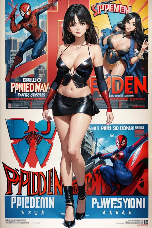 Penelope Cruz、Marvel Comics Movie Poster, Very beautiful, Movies about Spiderman, sexy, whole body, I'm wearing a skirt、Premiere date, Poster、belly buttonを突き出す、new york、She&#39;s wearing a torn Spider-Man suit,The suit is torn、Wearing a skirt、 Red and black color scheme,dynamic、masterpiece、highest quality、Ultra-detailed、Very detailed、A delicate and beautiful shine、超A high resolution、Cinematic,Break,Breakdrop,(Torn clothes:1.5), (Wet clothes:1.4), Bare shoulders,Real Rain,Wet Hair,belly button、Exposing Skin、Showing off her sexy shoulders