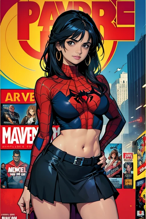 Penelope Cruz、Marvel Comics Movie Poster, Very beautiful, Movies about Spiderman, sexy, whole body, I'm wearing a skirt、Premiere date, Poster、belly buttonを突き出す、new york、She's wearing a torn Spider-Man suit,The suit is torn、Wearing a skirt、 Red and black color scheme,dynamic、masterpiece、highest quality、Ultra-detailed、Very detailed、A delicate and beautiful shine、超A high resolution、Cinematic,Break,Breakdrop,(Torn clothes:1.5), (Wet clothes:1.4), Bare shoulders,Real Rain,Wet Hair,belly button、Exposing Skin、Showing off her sexy shoulders