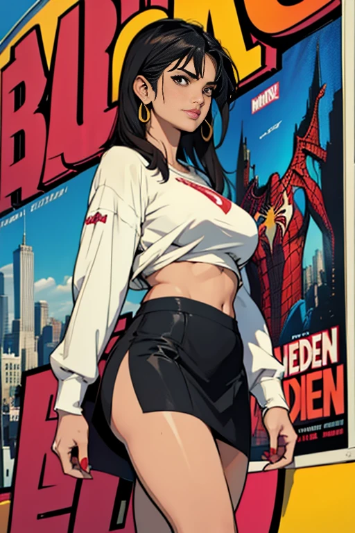 Penelope Cruz、Marvel Comics Movie Poster, Very beautiful, Movies about Spiderman, y, whole body, I'm wearing a skirt、Premiere date, Poster、belly but突き出す、new york、She&#39;s wearing a torn Spider-Man suit,The suit is torn、Wearing a skirt、 Red and black color scheme,dynamic、masterpiece、highest quality、Ultra-detailed、Very detailed、A delicate and beautiful shine、超A high resolution、Cinematic,Break,Breakdrop,(Torn clothes:1.5), (Wet clothes:1.4), Bare shoulders,Real Rain,Wet Hair,belly button、sing Skin、Showing off her sexy should