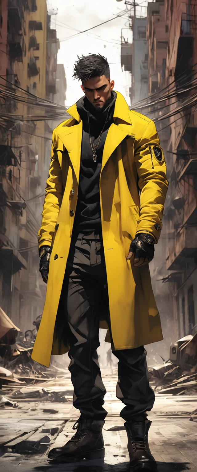 oscuro y desgarrado, 1 hombre joven hermoso cuerpo musculoso, fierce expression, sosteniendo un arma, (colores en su ropa, warm, amarillo, cian,marron:1.3), standing in a desolate wasteland, dramatic lighting, sombras intensas, textura arenosa, tall contrast, Colores vibrantes, dynamic pose, postura poderosa, fondo rugoso, explosive atmosphere, dystopian theme, elementos surrealistas, digitally painted illustration, High definition resolution, detalles intrincados, dramatic composition, avant-garde and chaotic brushstrokes, Gothic style, emociones intensas, epic scale, raw and gritty feeling, Obras de arte cautivadoras y provocativas..