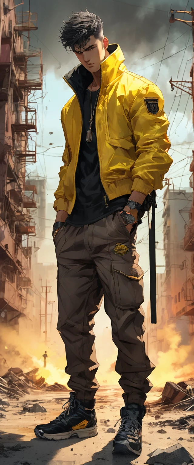 oscuro y desgarrado, 1 hombre joven hermoso cuerpo musculoso, fierce expression, sosteniendo un arma, (colores en su ropa, warm, amarillo, cian,marron:1.3), standing in a desolate wasteland, dramatic lighting, sombras intensas, textura arenosa, tall contrast, Colores vibrantes, dynamic pose, postura poderosa, fondo rugoso, explosive atmosphere, dystopian theme, elementos surrealistas, digitally painted illustration, High definition resolution, detalles intrincados, dramatic composition, avant-garde and chaotic brushstrokes, Gothic style, emociones intensas, epic scale, raw and gritty feeling, Obras de arte cautivadoras y provocativas..
