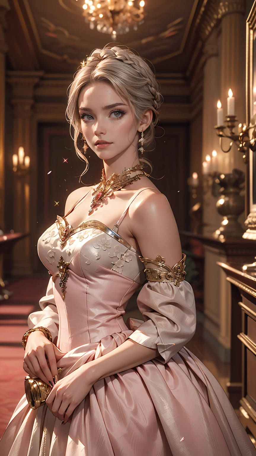 woman, Severe, elegant, Pink Dress, Aristocratic, silver element, Long nails, Exposing shoulders, Hairstyle, Put your hair up, Braids and ponytails, Messy, arrogant, Absurd, Detailed dress, Royalty, celebration, Hall decorated with flowers, Cowboy Shot, Portraiture, (highest quality), (masterpiece), (Very detailed), (4K)