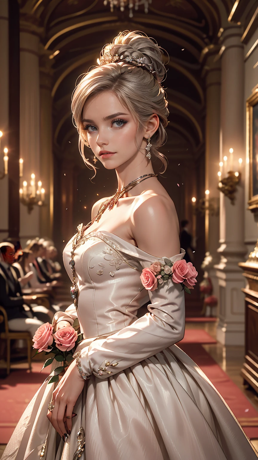 woman, Severe, elegant, Pink Dress, Aristocratic, silver element, Long nails, Exposing shoulders, Hairstyle, Put your hair up, Braids and ponytails, Messy, arrogant, Absurd, Detailed dress, Royalty, celebration, Hall decorated with flowers, Cowboy Shot, Portraiture, (highest quality), (masterpiece), (Very detailed), (4K)