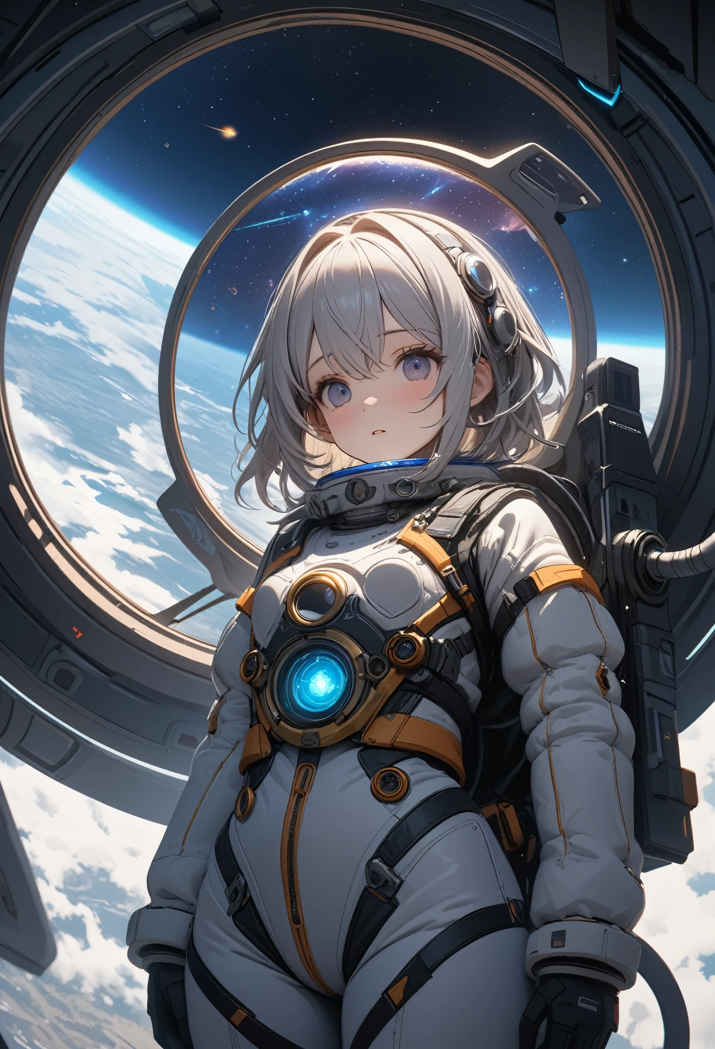(best quality, 4k, ultra detailed, high resolution, masterpiece: 1.2),Personaje a la Distancia: Hay un personaje visto desde lejos, located at a high observation point. It is small compared to the surroundings, resaltando la magnitud de la nave. The character is equipped with a space suit, with flashing lights and mechanical details.
Vista del Espacio Exterior: Through the openings in the ship, se ve un vasto espacio estrellado. The stars are unevenly distributed, creating variable densities and suggesting the remoteness of some celestial objects.