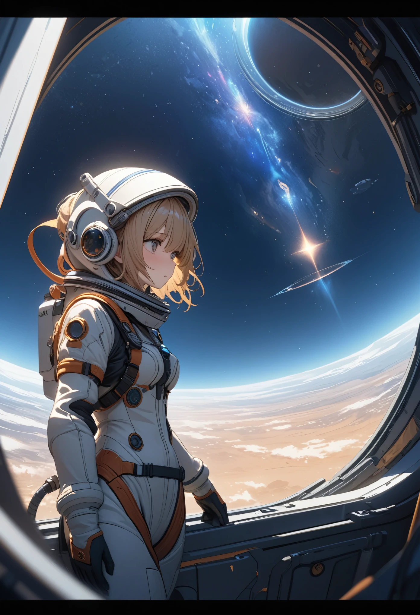 (best quality, 4k, ultra detailed, high resolution, masterpiece: 1.2),Personaje a la Distancia: Hay un personaje visto desde lejos, located at a high observation point. It is small compared to the surroundings, resaltando la magnitud de la nave. The character is equipped with a space suit, with flashing lights and mechanical details.
Vista del Espacio Exterior: Through the openings in the ship, se ve un vasto espacio estrellado. The stars are unevenly distributed, creating variable densities and suggesting the remoteness of some celestial objects.