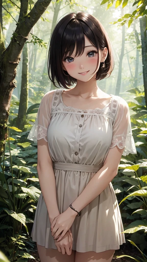 30-year-old female、smile、Short Hair、Blushing、Masterpiece、high resolution、16K、In the forest