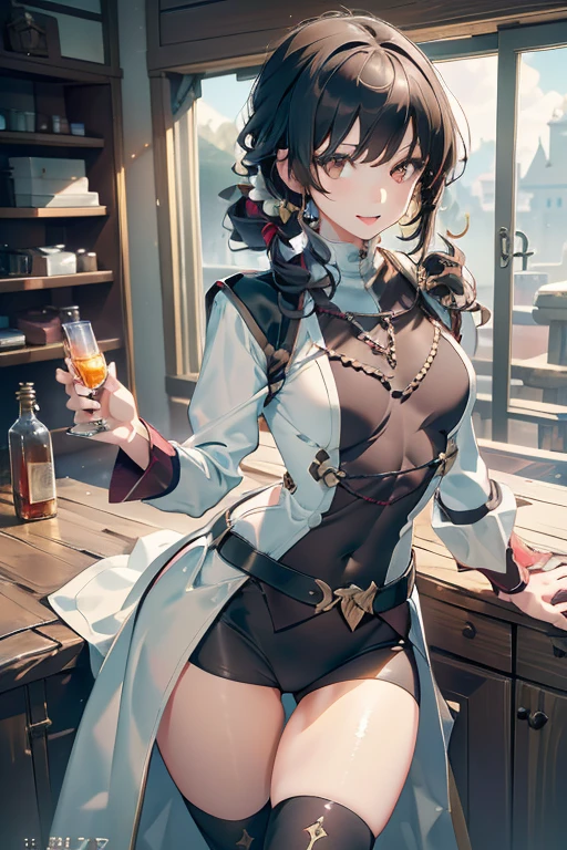 (fantasy:1.5),(anime,8k,masterpiece, top quality, best quality,beautiful and aesthetic:1.2,professional illustrasion:1.1,ultra detail:1.3,perfect lighting),extremely detailed,highest detailed,incredibly absurdres , highres, ultra detailed,intricate:1.6,(Alchemy Workshop:1.4),A girl mixing,Medicine in many small bottles,holding small potion,colorful:1.4,zentangle,(1girl),(girl),(Three kingdoms female warload),(highly detailed beautiful face and eyes,firm breasts),oily skin,((black,hair,short bob with short pony tail hair)),thin pubic hair,cute,lovely,34 years old,alchemist costume,Merchant's Clothing,smile,in the kitchen,smile,seductive weak smiling,(with sparkling eyes and a contagious smile),open mouth, Looking at Viewer,
