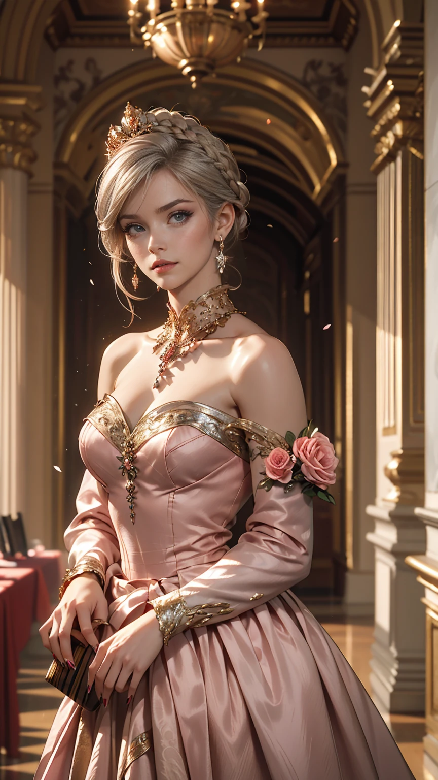 woman, Severe, elegant, Pink Dress, Aristocratic, silver element, Long nails, Exposing shoulders, Hairstyle, Put your hair up, Braids and ponytails, Messy, arrogant, Absurd, Detailed dress, Royalty, celebration, Hall decorated with flowers, Cowboy Shot, Portraiture, (highest quality), (masterpiece), (Very detailed), (4K)