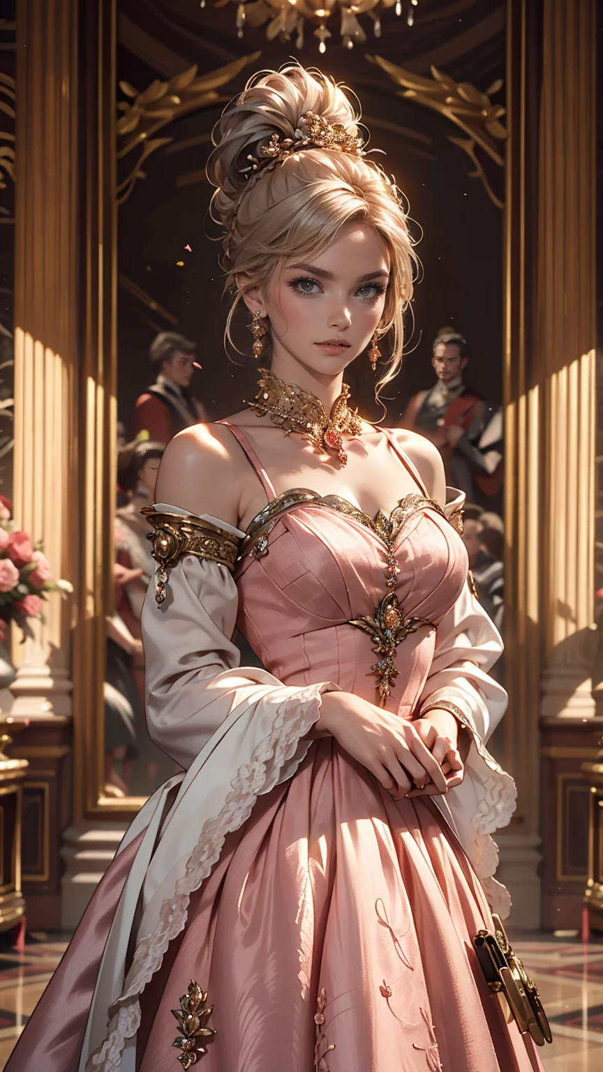 woman, Severe, elegant, Pink Dress, Aristocratic, silver element, Long nails, Exposing shoulders, Hairstyle, Put your hair up, Braids and ponytails, Messy, arrogant, Absurd, Detailed dress, Royalty, celebration, Hall decorated with flowers, Cowboy Shot, Portraiture, (highest quality), (masterpiece), (Very detailed), (4K)