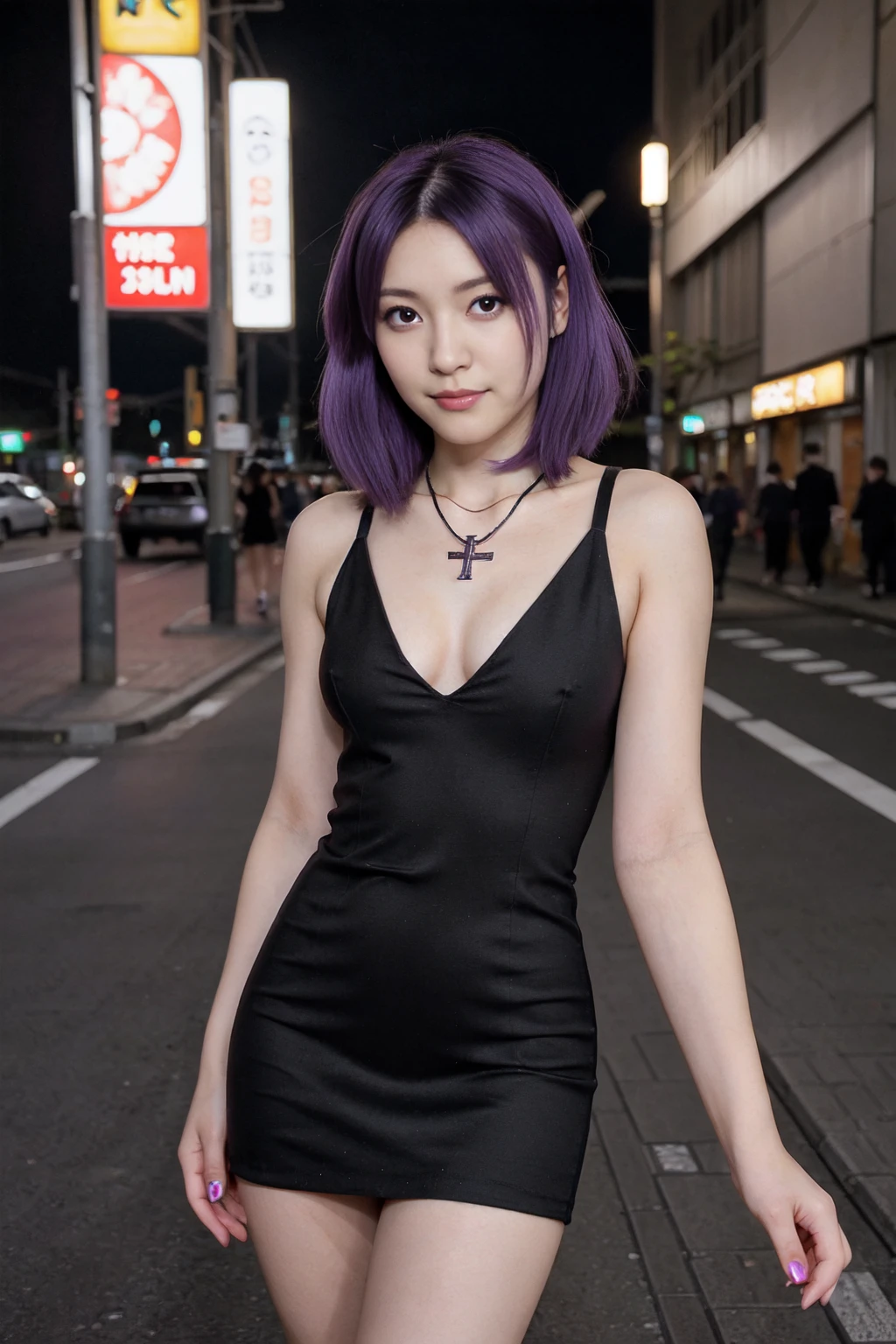 Misato Katsuragi, Evangelion, EVA 01, skin, short black dress, sexual, masterpiece, masterpiece, render, NIKON, 1.8F, hips, luche-tenue, Beautiful, purple hair, purple hair, beautiful eyes, Ideal, perfect body, Beauty, city, Streets of Tokyo, evening, night, neon genesis, killed, short black dress, necklace cross, gives, skin