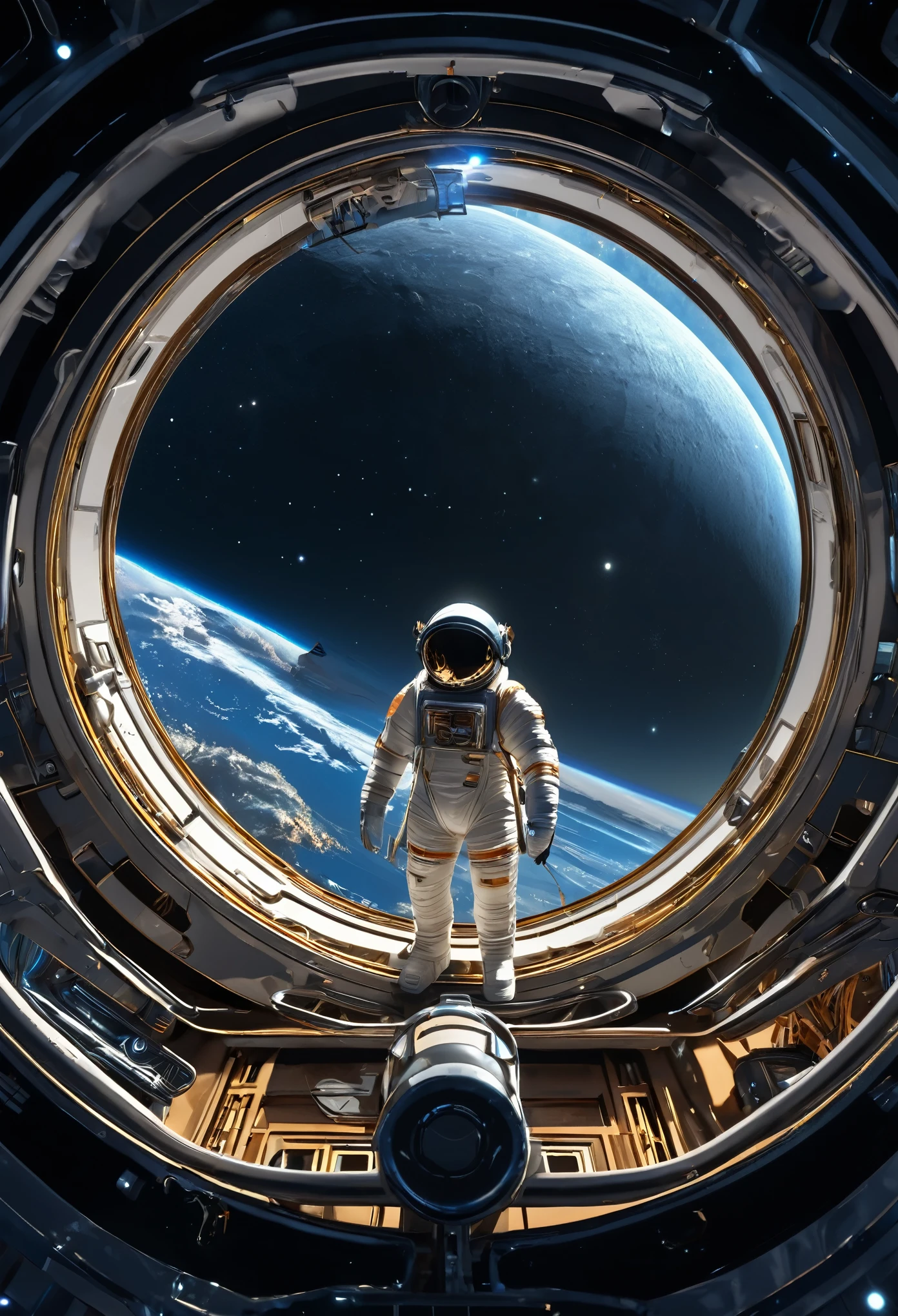 (best quality, 4k, ultra detailed, high resolution, masterpiece: 1.2),Personaje a la Distancia: Hay un personaje visto desde lejos, located at a high observation point. It is small compared to the surroundings, resaltando la magnitud de la nave. The character is equipped with a space suit, with flashing lights and mechanical details.
Vista del Espacio Exterior: Through the openings in the ship, se ve un vasto espacio estrellado. The stars are unevenly distributed, creating variable densities and suggesting the remoteness of some celestial objects.