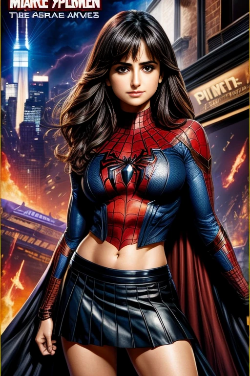 Penelope Cruz、Marvel Comics Movie Poster, Very beautiful, Movies about Spiderman, sexy, whole body, I'm wearing a skirt、Premiere date, Poster、belly buttonを突き出す、new york、She's wearing a torn Spider-Man suit,The suit is torn、Wearing a skirt、 Red and black color scheme,dynamic、masterpiece、highest quality、Ultra-detailed、Very detailed、A delicate and beautiful shine、超A high resolution、Cinematic,Break,Breakdrop,(Torn clothes:1.5), (Wet clothes:1.4), Bare shoulders,Real Rain,Wet Hair,belly button、Exposing Skin、Showing off her sexy shoulders