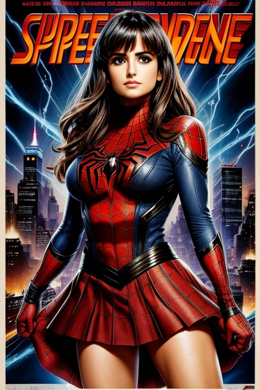 Penelope Cruz、Marvel Comics Movie Poster, Very beautiful, Movies about Spiderman, sexy, whole body, I'm wearing a skirt、Premiere date, Poster、belly buttonを突き出す、new york、She's wearing a torn Spider-Man suit,The suit is torn、Wearing a skirt、 Red and black color scheme,dynamic、masterpiece、highest quality、Ultra-detailed、Very detailed、A delicate and beautiful shine、超A high resolution、Cinematic,Break,Breakdrop,(Torn clothes:1.5), (Wet clothes:1.4), Bare shoulders,Real Rain,Wet Hair,belly button、Exposing Skin、Showing off her sexy shoulders