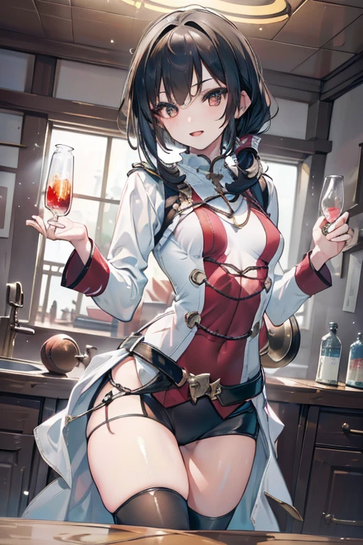 (fantasy:1.5),(anime,8k,masterpiece, top quality, best quality,beautiful and aesthetic:1.2,professional illustrasion:1.1,ultra detail:1.3,perfect lighting),extremely detailed,highest detailed,incredibly absurdres , highres, ultra detailed,intricate:1.6,(Alchemy Workshop:1.4),A girl mixing,Medicine in many small bottles,holding small potion,colorful:1.4,zentangle,(1girl),(girl),(Three kingdoms female warload),(highly detailed beautiful face and eyes,firm breasts),oily skin,((black,hair,short bob with short pony tail hair)),thin pubic hair,cute,lovely,34 years old,alchemist costume,Merchant's Clothing,smile,in the kitchen,smile,seductive weak smiling,(with sparkling eyes and a contagious smile),open mouth, Looking at Viewer,