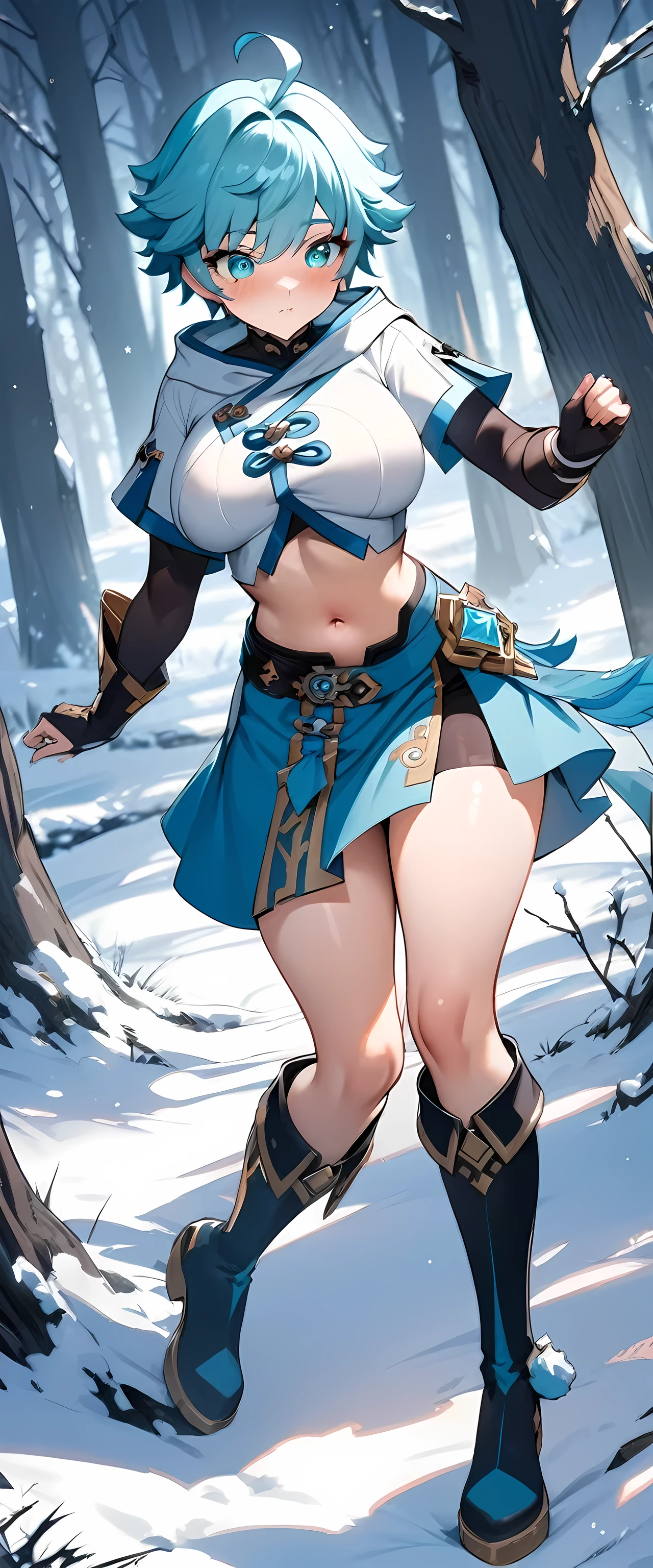 (masterpiece), best quality, expressive eyes, perfect face,1girl,chongyun,genshin impact,winter forest,full body,big breasts,24-year old girl,navel,dynamic angle,long boots,skirt,magical girl