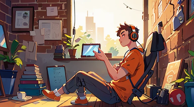 wide shot (24 year old) man sitting on floor, headphones, leaning back on wall, afternoon, orange lighting, old brick wall, view from side, outside, 