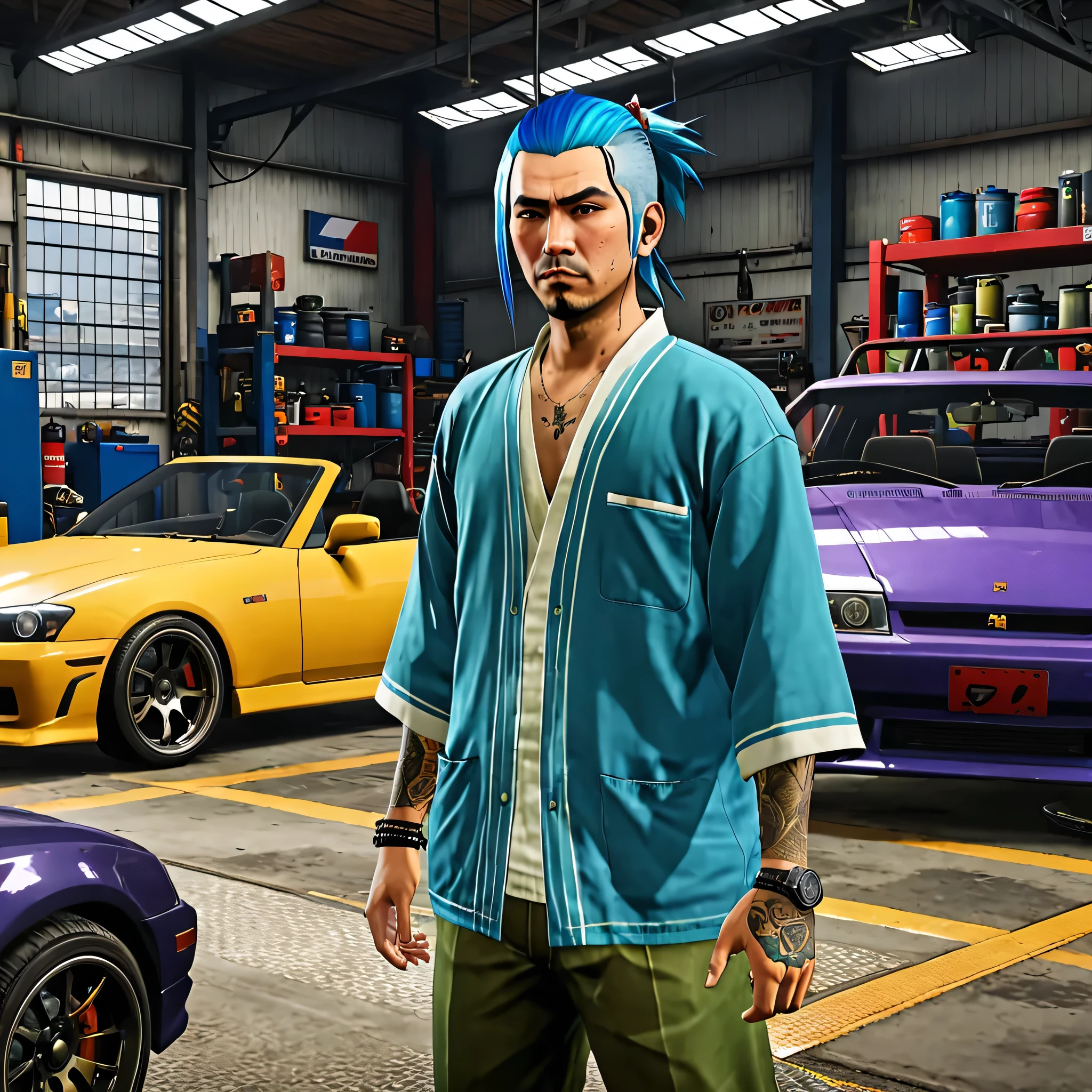 A Japanese man with traditional clothes and blue hair, in a car workshop ,style grand theft auto, portair hd