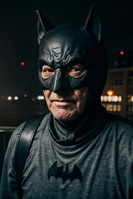 old male, 90 years, covered in wrinkles, Saggy cheeks, in a batman mask, night, city, fog