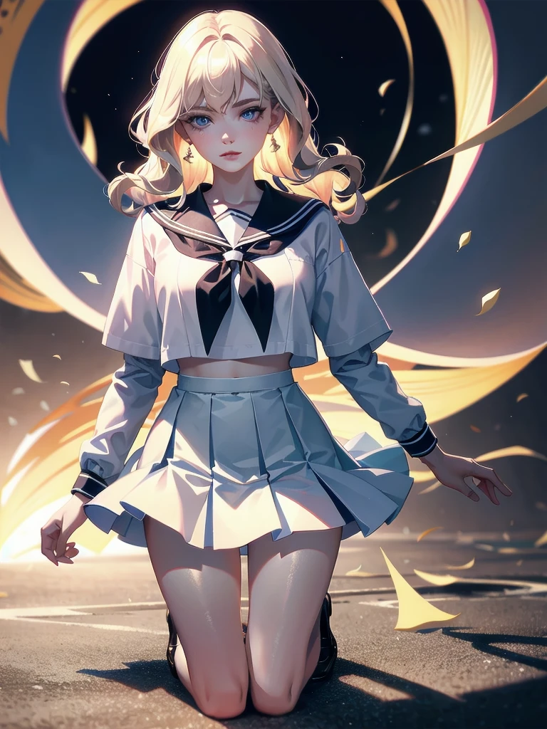 absurdres, RAW photo, extremely delicate and beautiful, masterpiece, Best Quality, ultra high resolution, 32k, hyperrealistic, ultra-detailed, detailed description, pale skin, 20 years old, delicate facial features, detailed beautiful face and eyes, tearful mole, earring, Colossal tits, short medium hair, wavy hair, ((full body shot)), sailor uniform, school_uniform,
