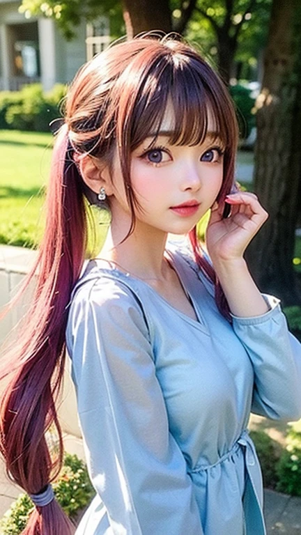 Turquoise eyes、(highest quality, masterpiece), One girl, Pause, particle, Wind, flower, Upper Body, Simple Background, View your viewers, ,blue sky,smile、（See-through、pink、A detailed blouse）mysterious、（Silver Long Hair、Some have red hair）、Earrings、Twin tails、、、Feeling embarrassed、Waiting for a kiss