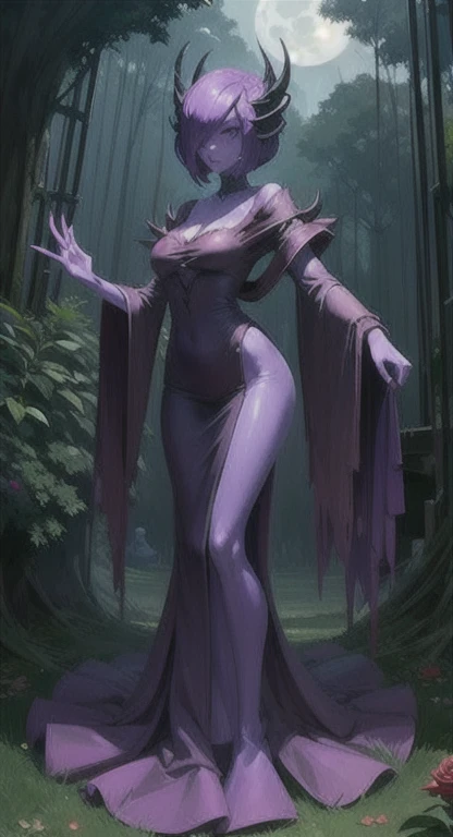 Overgrown hell life, ancient one, abandoned garden, mutated, purple rose creature, female spirit, purple skin, Gardevoir,