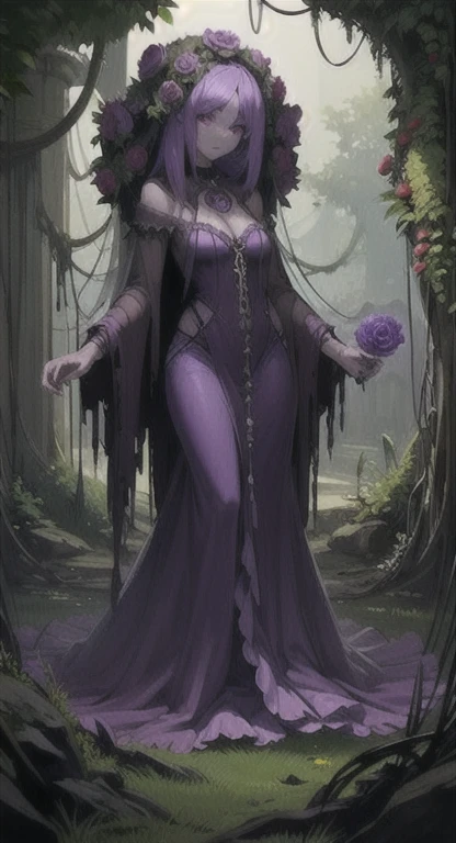 Overgrown hell life, ancient one, abandoned garden, mutated, purple rose creature, female spirit, purple skin, Gardevoir,