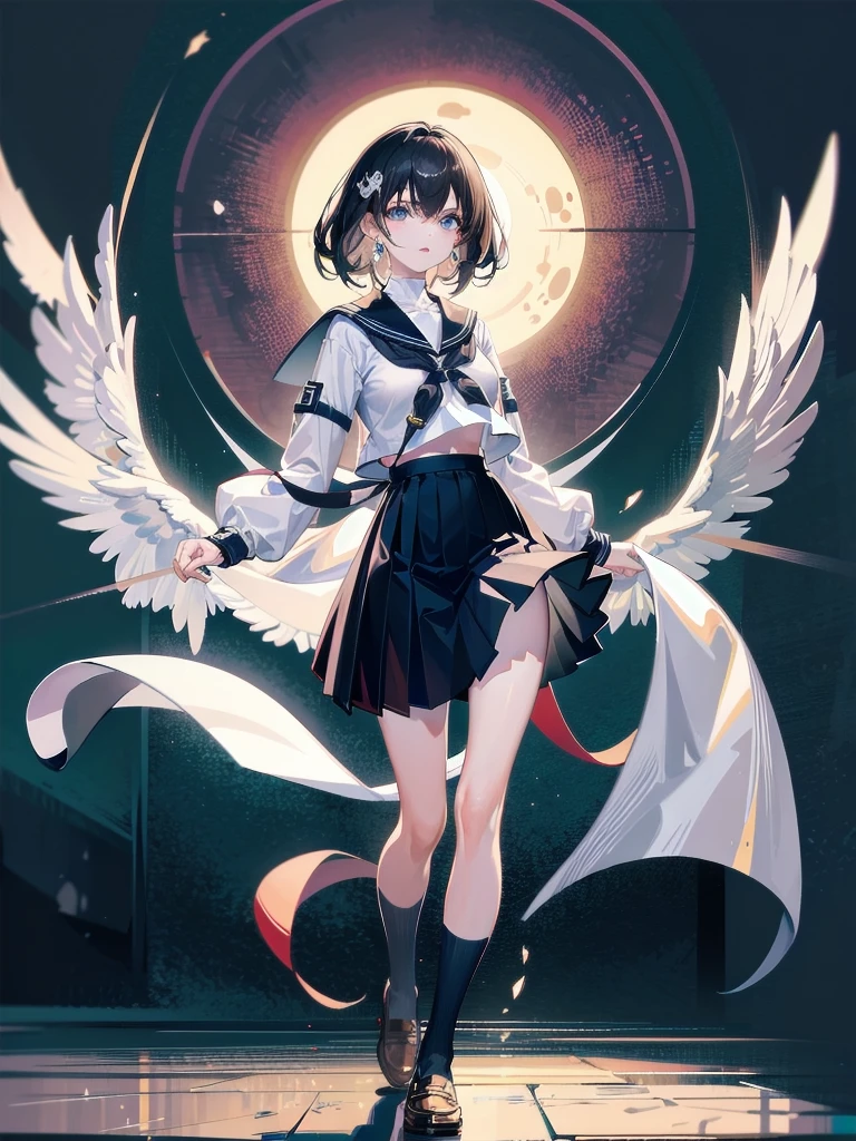 absurdres, RAW photo, extremely delicate and beautiful, masterpiece, Best Quality, ultra high resolution, 32k, hyperrealistic, ultra-detailed, detailed description, pale skin, 20 years old, delicate facial features, detailed beautiful face and eyes, tearful mole, earring, Colossal , short medium hair, wavy hair, ((full body shot)), sailor uniform, school_uniform,