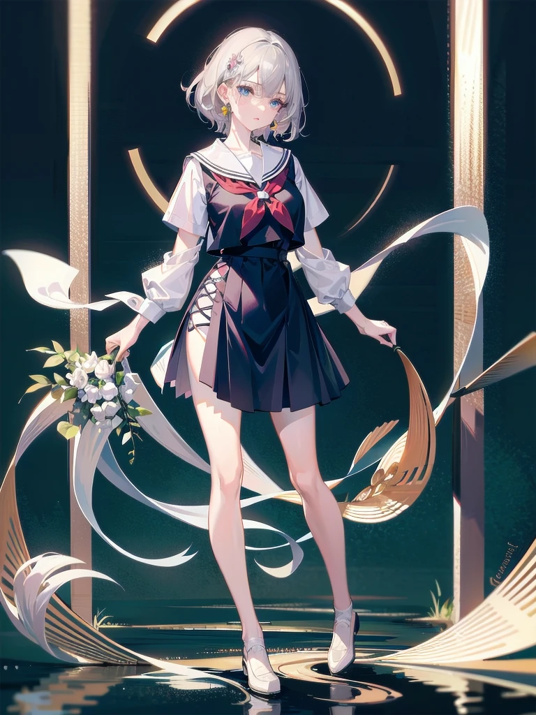 absurdres, RAW photo, extremely delicate and beautiful, masterpiece, Best Quality, ultra high resolution, 32k, hyperrealistic, ultra-detailed, detailed description, pale skin, 20 years old, delicate facial features, detailed beautiful face and eyes, tearful mole, earring, Colossal tits, short medium hair, wavy hair, ((full body shot)), sailor uniform, school_uniform,