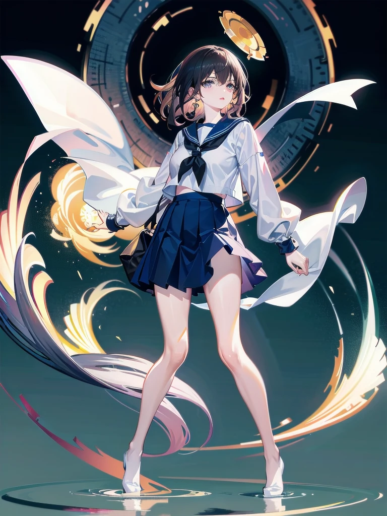 absurdres, RAW photo, extremely delicate and beautiful, masterpiece, Best Quality, ultra high resolution, 32k, hyperrealistic, ultra-detailed, detailed description, pale skin, 20 years old, delicate facial features, detailed beautiful face and eyes, tearful mole, earring, Colossal tits, short medium hair, wavy hair, ((full body shot)), sailor uniform, school_uniform,