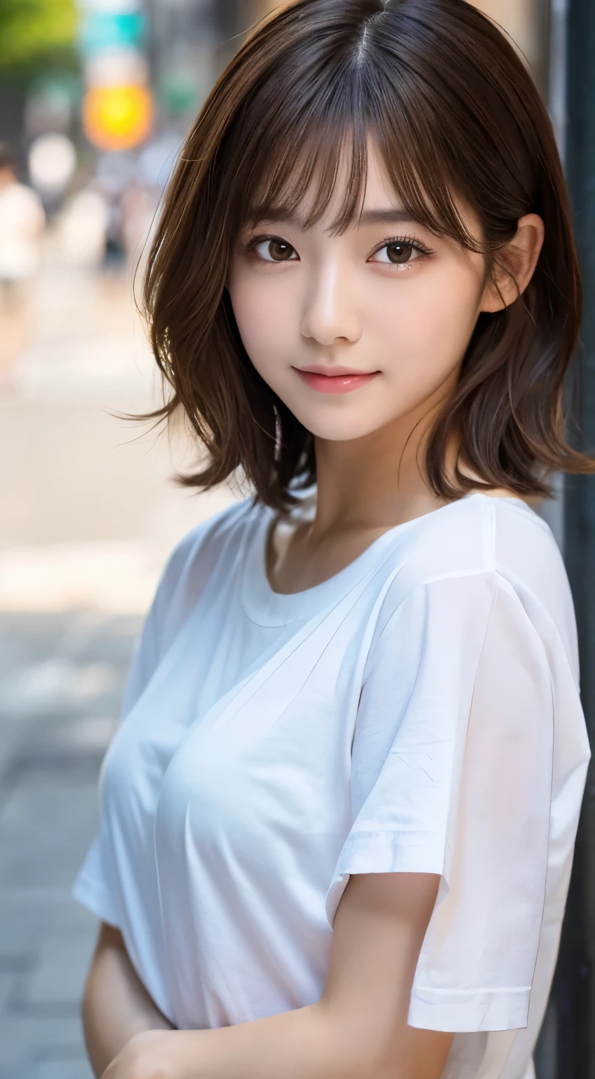 (highest quality,8K quality,masterpiece:1.3,),(超A high resolution:1.3,Photorealistic:1.4,Raw photo:1.2),(Ultra-detailed:1.2,Glowing Skin,Detailed skin:1.1),(Detailed face,Perfect Anatomy,Caustics:1.2), (Symmetrical eyes:1.3),1 girl,cute,Japanese,22 years old,Japanese Ido,Natural brown hair,Short hair curled outwards,cute目,Natural Makeup,Oversized T-shirt,Laughter,Looking at the camera,On the face,Face Focus,Street Corner,Professional Writing,Natural soft light,