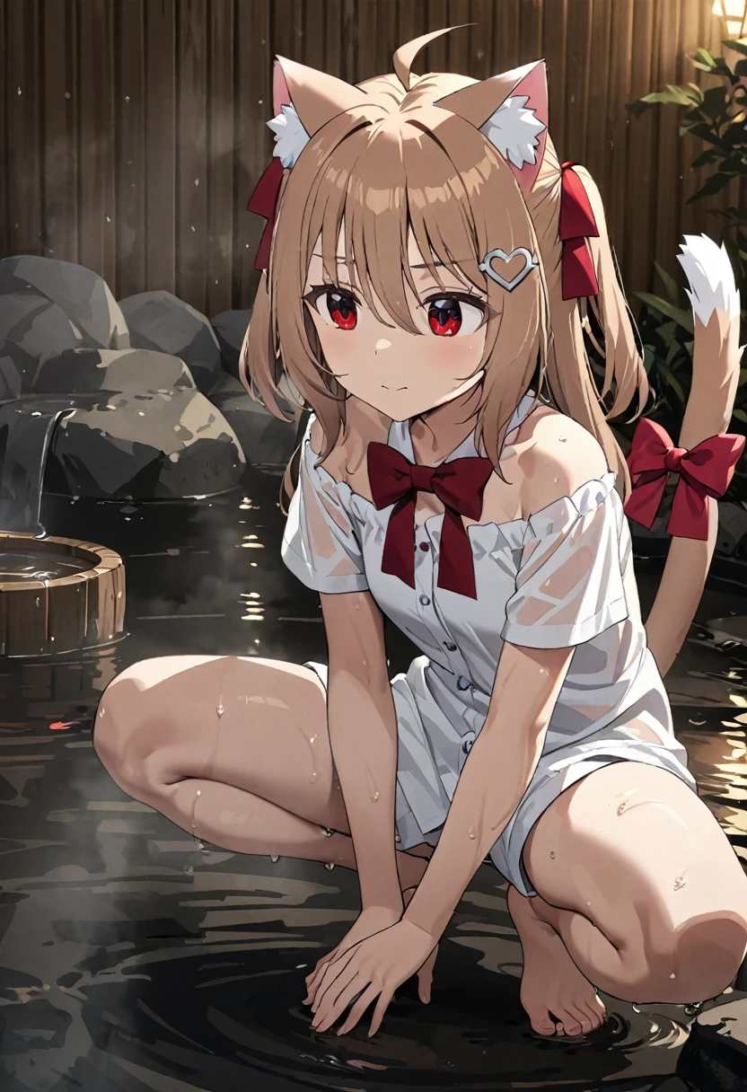 1girl, evil neuro-sama, (yuzu modoki), red eyes, light brown hair, ahoge, two side up, hair ribbon, dark red ribbon, heart hair ornament, (masterpiece, best quality), highly detailed, finely detailed, natural lighting, detailed scenery, wet, steam, outside, onsen, underwear, cat ears, cat tail, tail bow, squatting, spread legs,