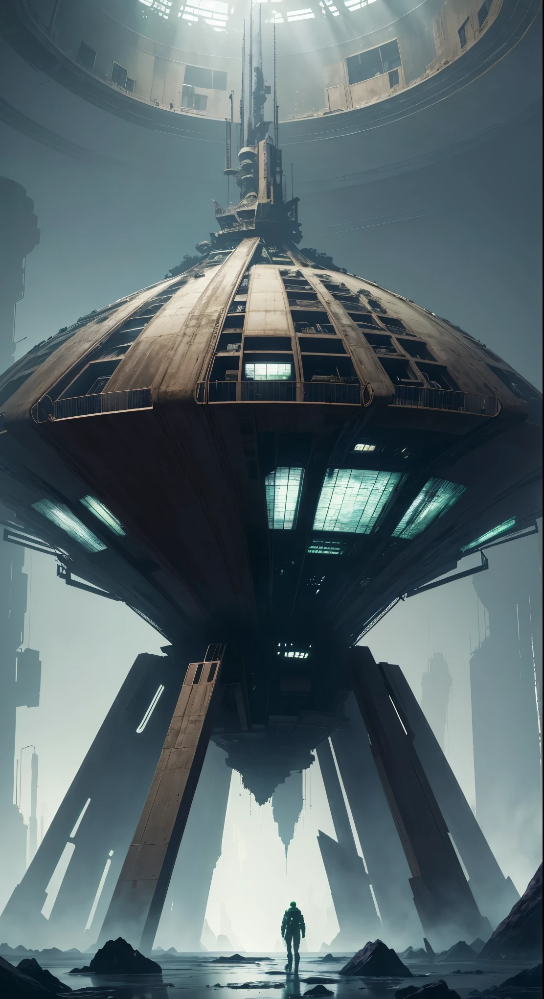 (best quality, 4k, ultra detailed, high resolution, masterpiece: 1.2), The image shows the interior of a partially destroyed bio-organic alien ship. We view the structure from a high angle, highlighting the grand scale of the ship. There are gaps in the hull that allow you to see outer space, full of stars. The ship combines technology with organic elements, using shades of green, brown and purple, and textures similar to plant tissue. Some parts are damaged, with twisted metal and fluids dripping, creating shiny puddles. The lighting comes from the space, generating strong contrasts between illuminated and shadowed areas, providing an air of mystery. A character in a space suit, seen from afar, appears small compared to the magnitude of the ship, underlining its greatness. The color palette includes dark greens and browns, with a dark blue space filled with bright stars. The style mixes futuristic and organic elements, and the high resolution allows you to see complex and realistic details. The combination of technology and organic aspects, along with high resolution, creates an image that highlights the mystery and scale of the alien environment.