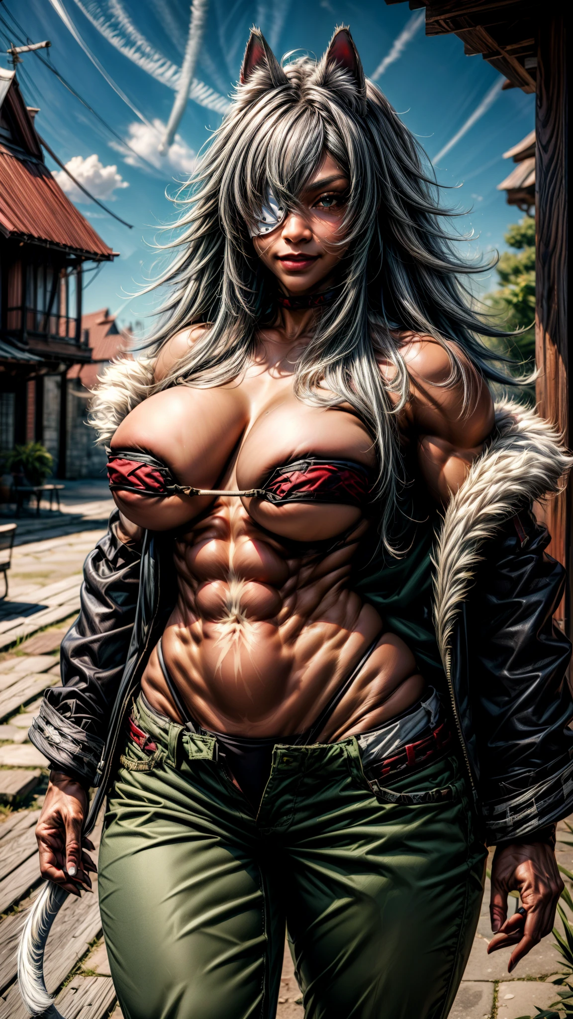 best quality, masterpiece, 1girl, (solo:1.1), raytracing, ultra detailed,detailed face, 8k wallpaper, wide hips, smile, GhislaineDedoldiaNDV, 1girl, grey hair, red eyes, animal ears, cat ears, tail, large breasts, very long hair, dark skin, muscular female, dark-skinned female, eyepatch, scar on stomach, scar on cheek, green pants, black jacket, fur trim, open pants, red choker,  outdoor