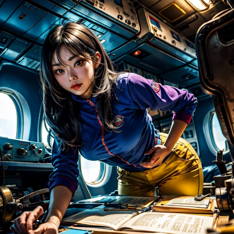 The story of one female aircraft mechanic。She is very attractive and beautiful。She is a beautiful woman who is so cute and sexy that it's hard to believe she's 32 years old.。I usually wear khaki green overalls at work.、Wearing brown leather boots, A narrow hangar with a low ceiling、((Right behind、A bright red reciprocating engine plane used for aerobatic flying is parked here.))。The aircraft is equipped with a single engine.、Equipped with a wooden propeller((It's a very beautiful mid-wing aircraft.。)), hot〜While saying、The girl took off her overalls from the top half.、The sleeves were wrapped around the waist.。Rui々Her beautiful skin and white tank top look very pretty.。A tight tank top accentuates her voluptuous cleavage。Tight abdominal muscles、You would never guess from her soft-looking breasts., When you notice this、He smiled at me while holding the wrench., Her sweat makes her sex appeal stand out even more., I was fascinated by the beautiful aircraft and the attractive women.。, Did you do any engine maintenance?、on her upper body、There is oil from the aircraft here and there.。, Did he think I was looking at his chest?、He looks at me with a slightly grinning expression.。, Her chest is certainly captivating、It seems that there is a big misunderstanding.。, Even when she teases, her appearance is somehow seductive, so it's no wonder that everyone is captivated by her.。, Dynamic perspective,