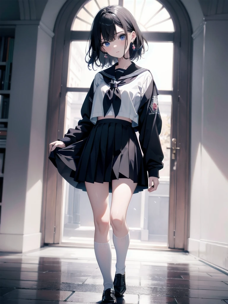 absurdres, RAW photo, extremely delicate and beautiful, masterpiece, Best Quality, ultra high resolution, 32k, hyperrealistic, ultra-detailed, detailed description, pale skin, 20 years old, delicate facial features, detailed beautiful face and eyes, tearful mole, earring, Colossal tits, short medium hair, wavy hair, ((full body shot)), sailor uniform, school_uniform,
