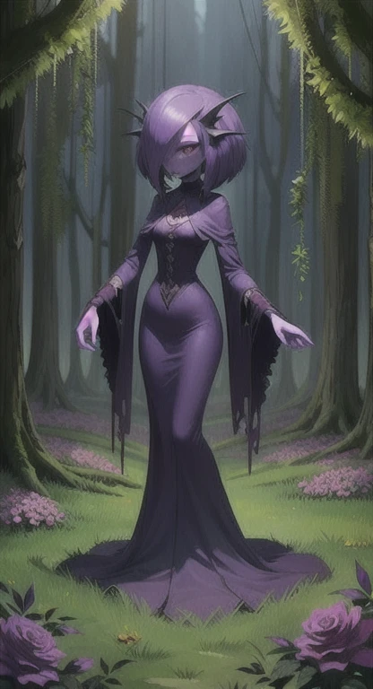 Overgrown plant life, ancient one, abandoned garden, mutated, purple rose creature, female spirit, purple skin, Gardevoir,