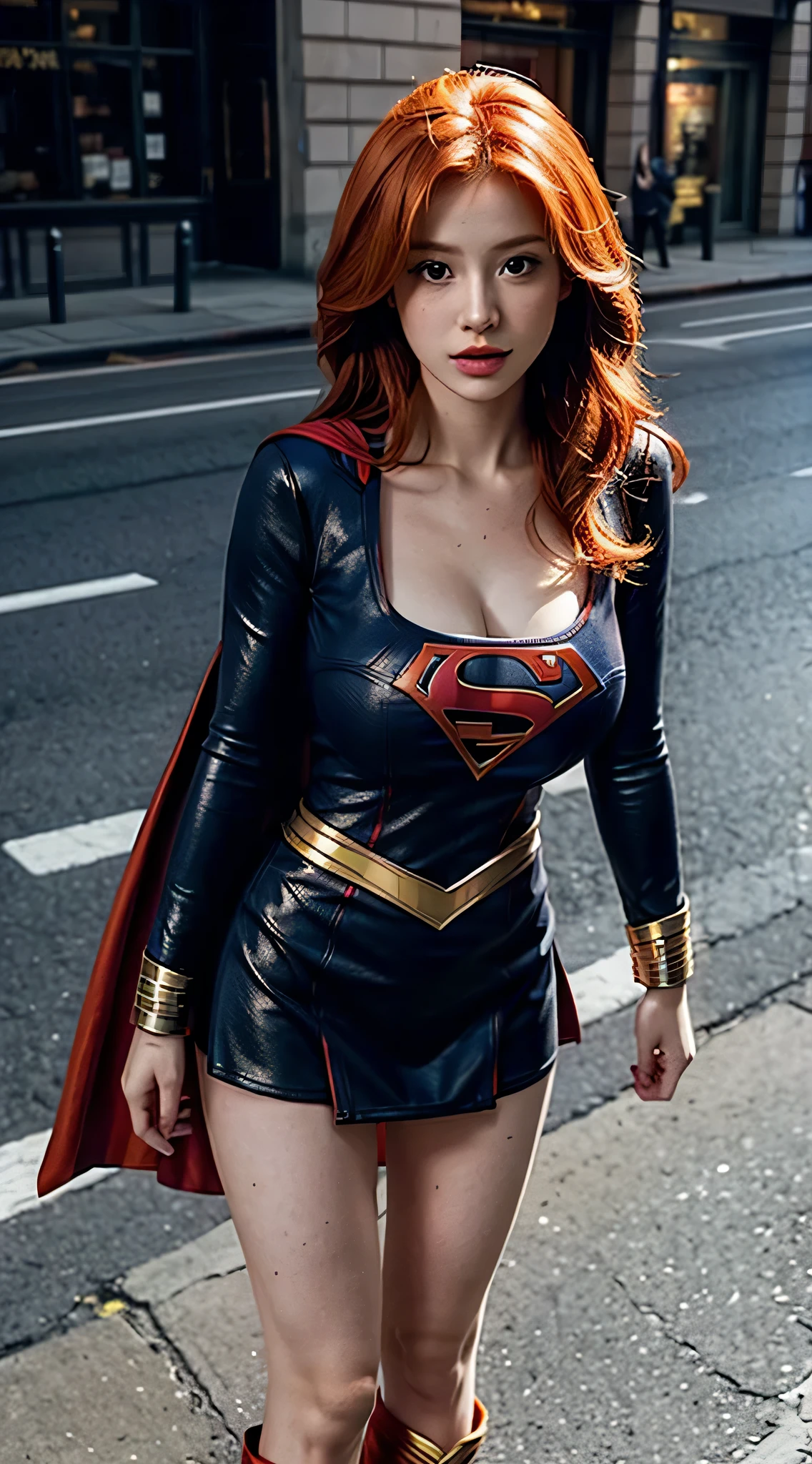 Ginger scotish hot girl, body set big breasts，Supergirl costume dress，（big breasts exposed cleavage), street