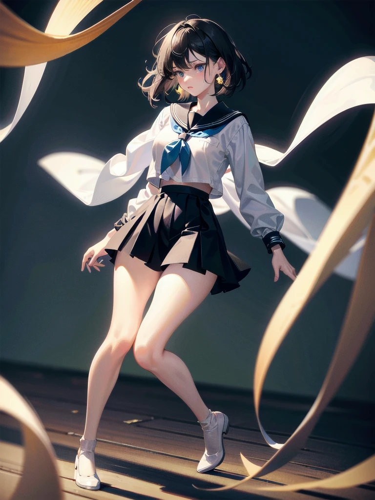 absurdres, RAW photo, extremely delicate and beautiful, masterpiece, Best Quality, ultra high resolution, 32k, hyperrealistic, ultra-detailed, detailed description, pale skin, 20 years old, delicate facial features, detailed beautiful face and eyes, tearful mole, earring, Colossal tits, short medium hair, wavy hair, ((full body shot)), sailor uniform, school_uniform,