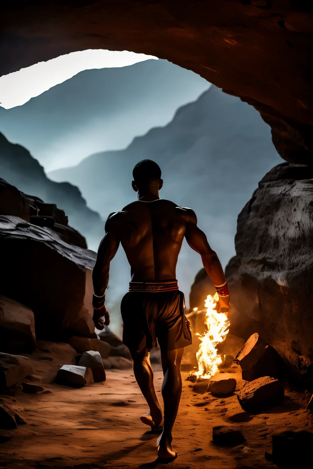 Imagen de un peleador de muay thai llegando al unas puertas gigantes de piedra en un mugar oscuro con mucho humo y fuego un demonio gigante enfrente de el