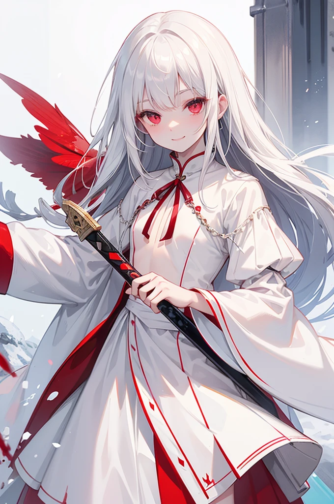 flat chest，Keep your chest up，Silver-white hair，Red Eyes，White skin，Smile，Holding a snow-white sword，Wearing tattered white clothes，There is blood at the corner of the mouth，